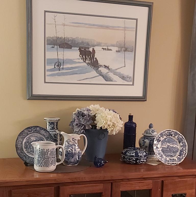 blue and white display
