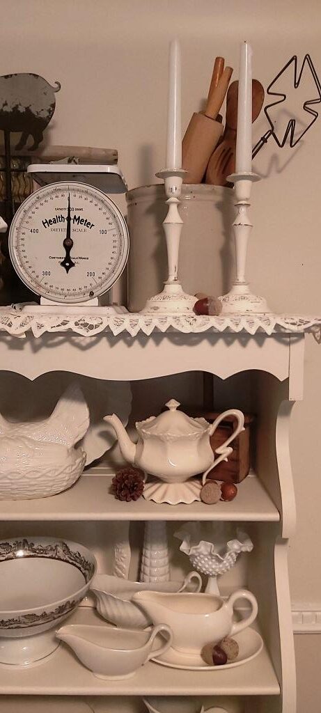White and Ironstone Display - White Ironstone Display in my White Farmhouse Hutch with white and ironstone porcelain