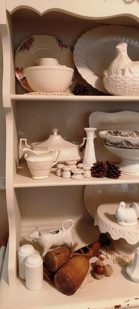 White Ironstone Display in my White Farmhouse Hutch with white and ironstone porcelain - How to display your white ironstone - display tips for ironstone