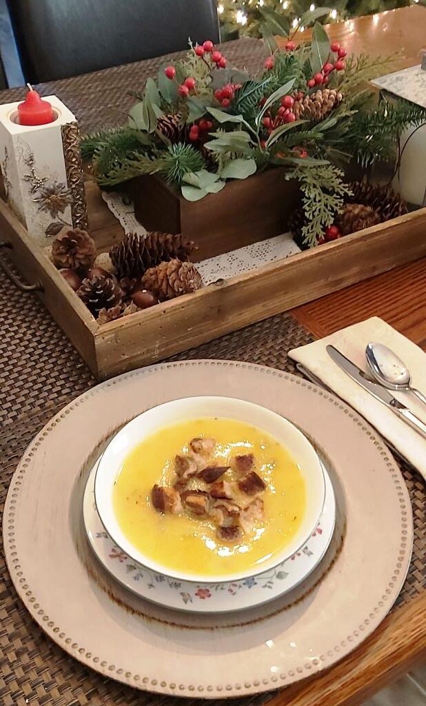 Butternut Squash and Potato Soup and Butternut Squash Soup Recipe - plated with croutons
