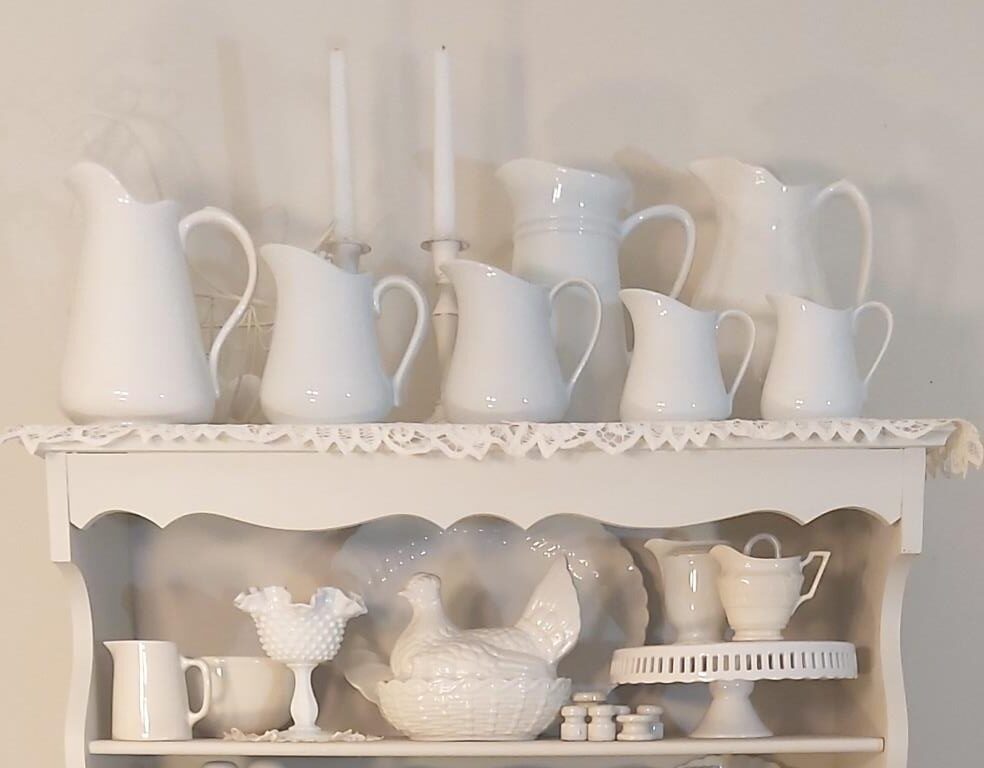 Antique and Vintage White Ironstone on a White Hutch Shelf - antique white ironstone - antique ironstone