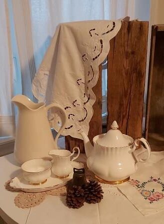 Vintage Wedding Decor Ideas - Crate draped with Linen and White Fancy Tea Service - Vintage Wedding Ideas for vintage country wedding