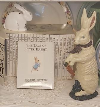 Easter Farmhouse Hutch Display with Peter Rabbit - easter display