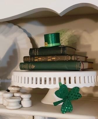 St. Patrick's Day Display - shelf with cake plate - St Patrick's day decor and green decor for st. Patricks day
