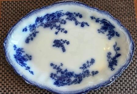 This is an example of Flow Blue China. Flow Blue Transferware Platter by W.H. Grindley in the Marachai pattern. 