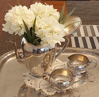 Vintage Wedding Decor Ideas - Example Vintage Silver Teapot Flowers and Tray - more vintage wedding ideas for vintage country wedding