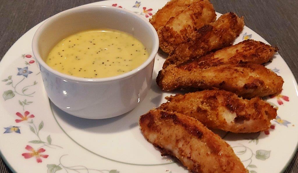 Copycat Honey Mustard Poppy Seed Dressing - Recipe plated with Chicken Strips - use for Poppy Seed honey mustard dressing - just like Red Robin Honey Mustard Sauce