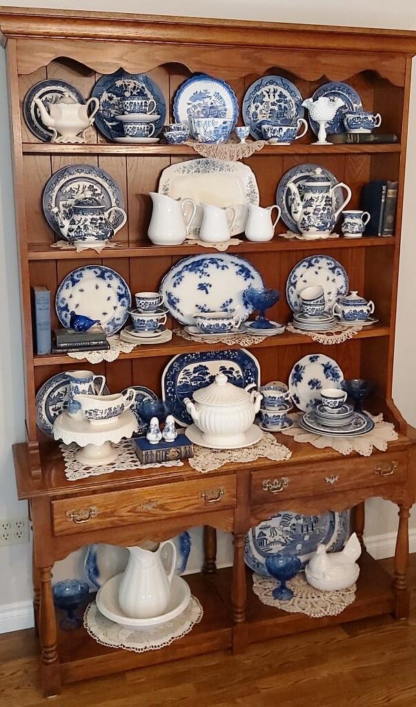 Examples of blue willow china and blue willow dishes - Blue Willow and White Ironstone Display with Blue and White Ironstone and Blue Willow Platter - Blue Willow in Welsh Dresser