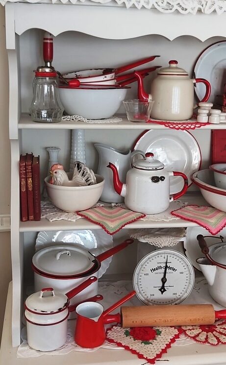 Red and White Enamelware Display - Left side - red farmhouse kitchenware for red farmhouse kitchen