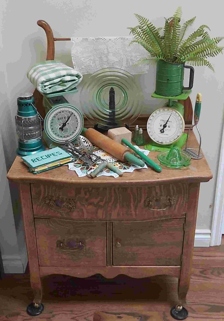 Vintage Green Collectibles such as green enamelware, vintage green glass and green kitchenware