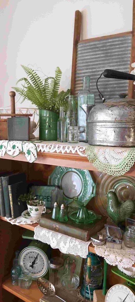 Vintage Green Collectibles such as green enamelware, vintage green glass and green kitchenware