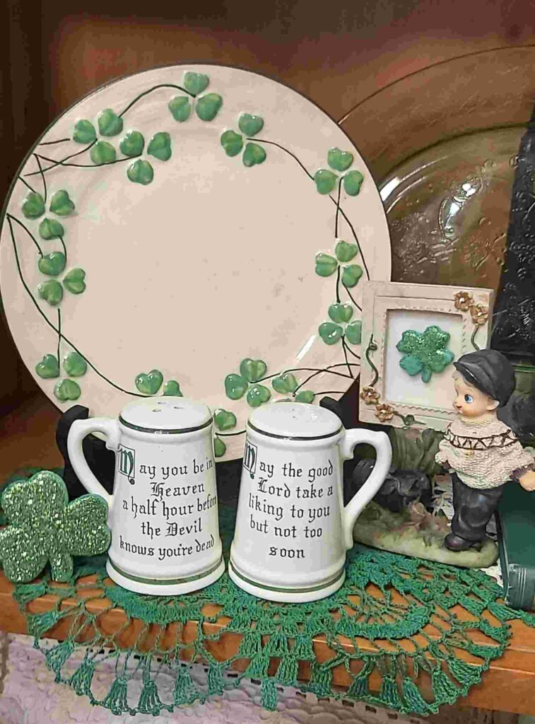 Vintage St. Patrick's Day Display with Vintage Leprechauns, Irish Sayings, St. Patricks Day Decorations and Shamrock Decor