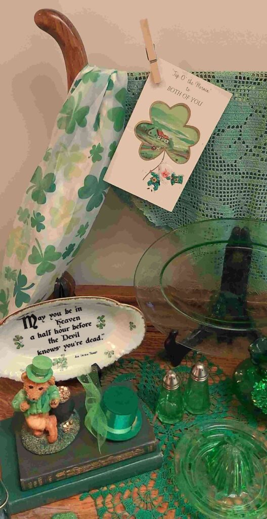 Vintage St. Patrick's Day Display with Vintage Leprechauns, Irish Sayings, St. Patricks Day Decorations and Shamrock Decor