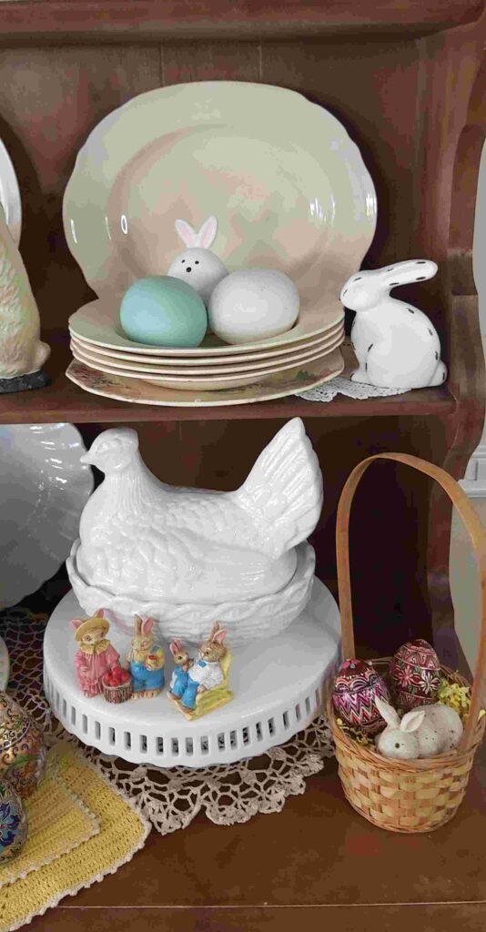 Vintage Easter Decor  with yellow easter decor easter eggs and bunnies - easter globes and pottery bunny rabbits