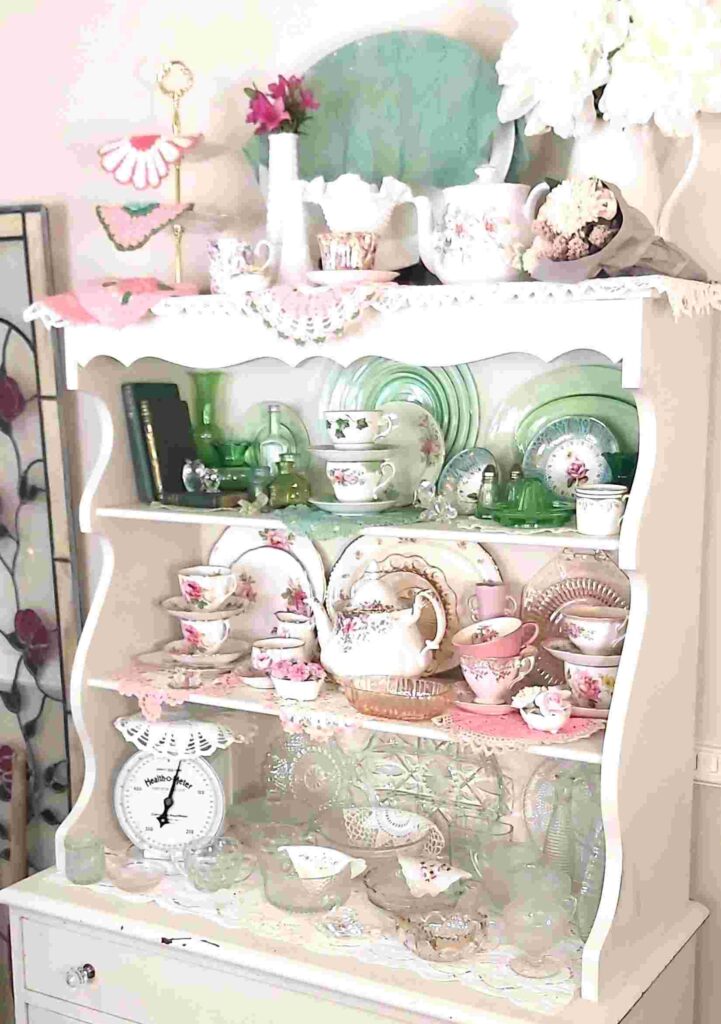 Vintage Pink and Green Hutch Display including pink and green decor, pink and green tea party, pink and green doilies, pink and green potholders
pink depression glass
green depression glass
